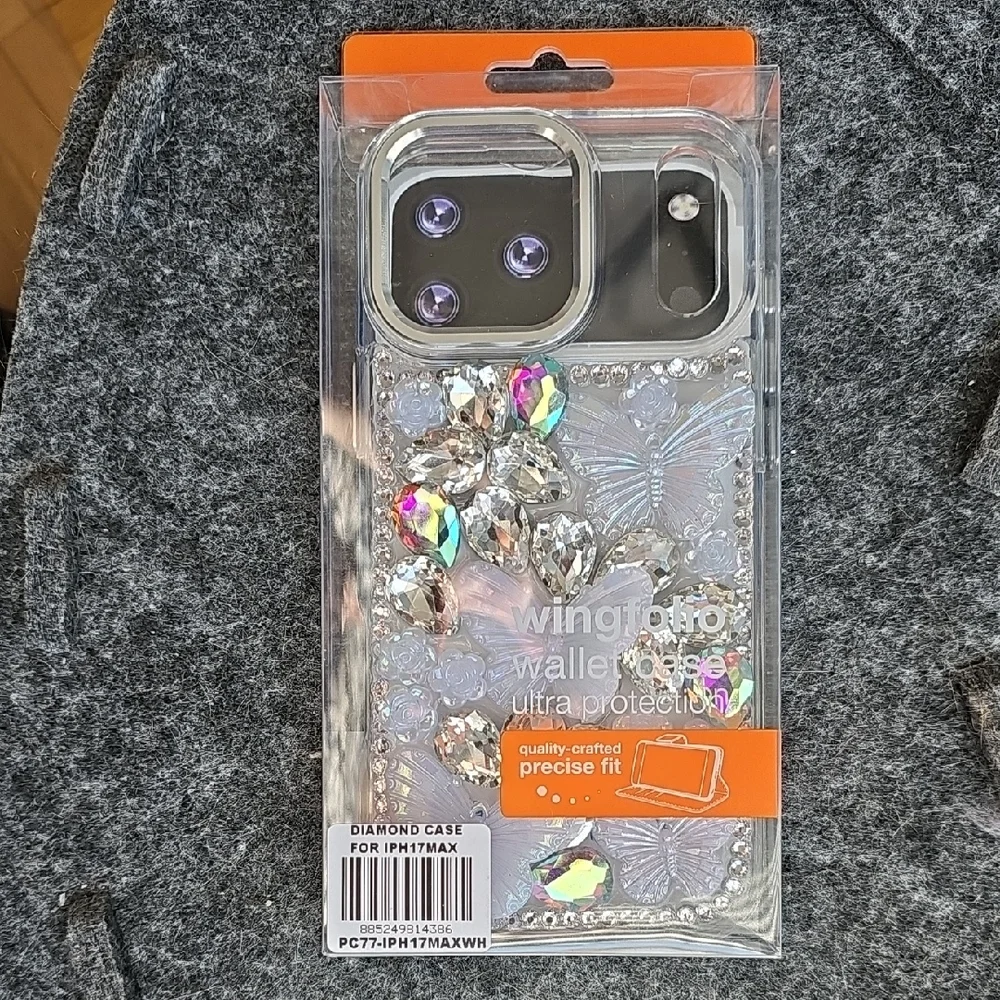 Case for iPhone 17 Pro Max - Silver Rhinestones and Butterflies